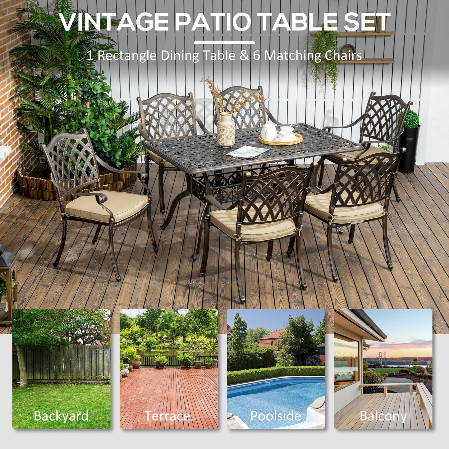 Outsunny 7 Pieces Patio Dining Set with Umbrella Hole, Cast Aluminum Outdoor Patio Furniture Set with 6 Cushioned Chairs and Rectangle Dining Table, for Garden, Lawn, Deck, Khaki