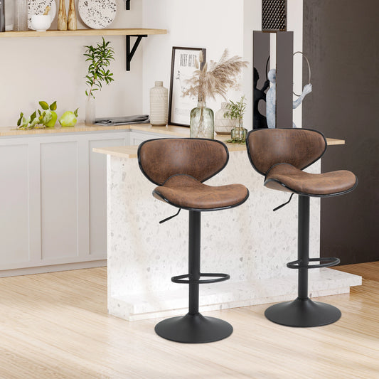 Vintage Bar Stool Set of 2 Faux Leather Adjustable Height Armless Chairs with Swivel Seat, Brown