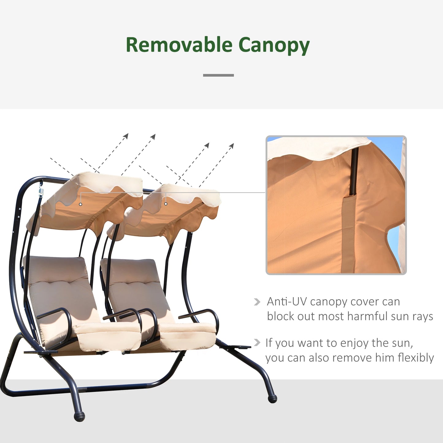 Outsunny Luxury Metal Swing Chair 2 Separated Seater Hammock Heavy-Duty with Canopy and Cushions, Beige