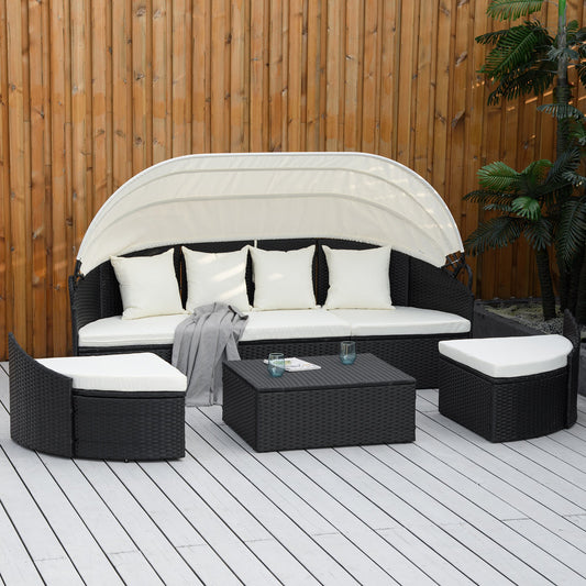 Outsunny 4 Pieces Patio PE Wicker Round Daybed, Outdoor Rattan Garden Lounge Furniture Sets, Sectional Conversation Sofa Set with Canopy, Cushions, & Pillows, Cream White