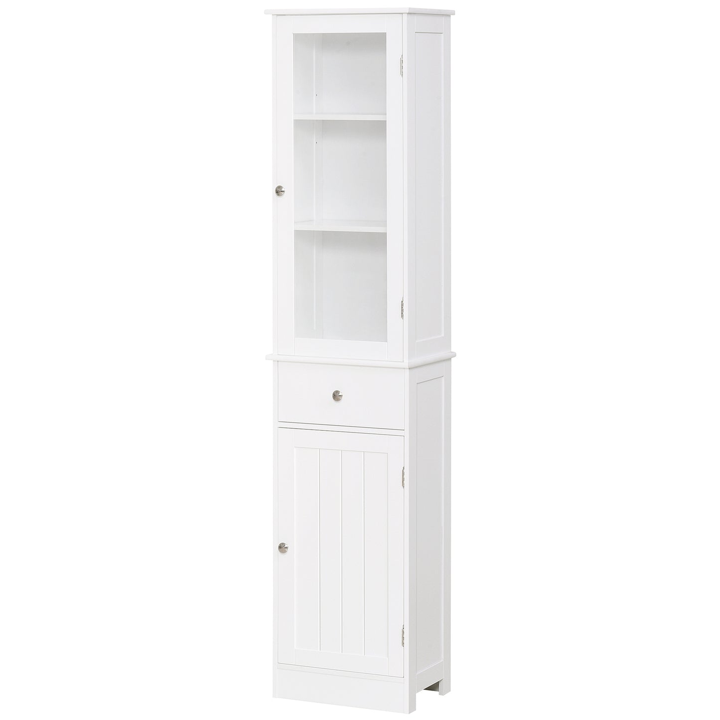 kleankin Bathroom Storage Cabinet with 3-tier Shelf Drawer Glass Door, Floor Cabinet Free Standing Linen Tower Tall Slim Side Organizer Shelves, White