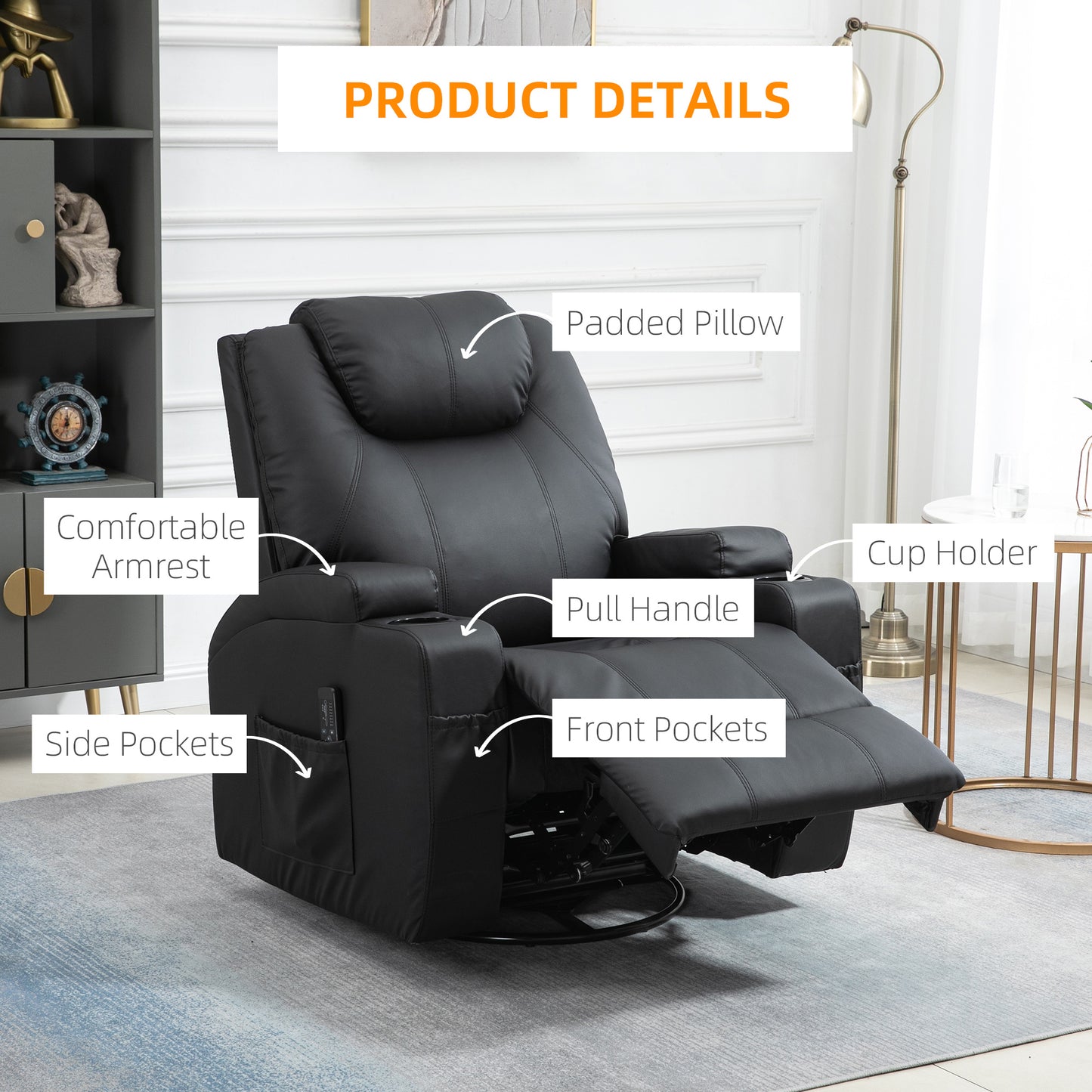 Faux Leather Recliner Chair with Massage, Vibration, Muti-function Padded Sofa Chair with Remote Control, 360 Degree Swivel Seat with Dual Cup Holders, Black