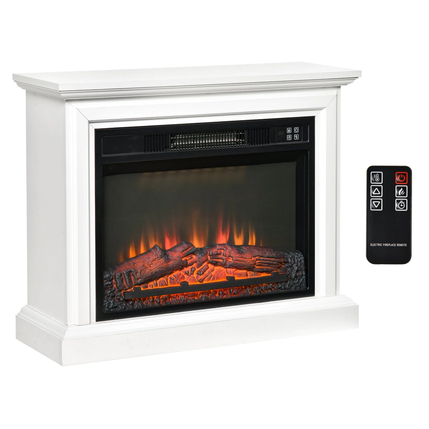 31" Electric Fireplace with Dimmable Flame Effect and Mantel, Freestanding Heater Corner Firebox with Log Hearth and Remote Control, 1400W, White