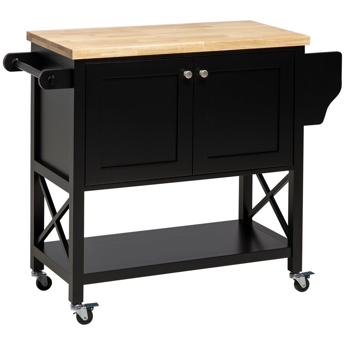 Rolling Kitchen Island Cart with Rubber Wood Top, Towel Rack, Spice Rack and Storage Cabinet, Black