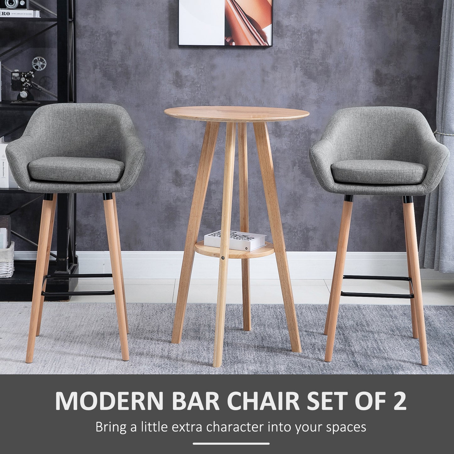 Modern Upholstered Fabric Seat Bar Stools Chairs Set of 2 with Metal Frame, Solid Wood Legs Living Room Dining Room Furniture Grey