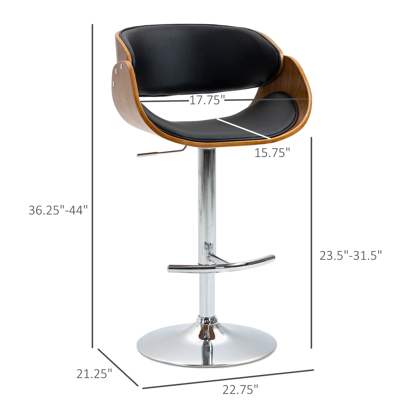 Modern Style Adjustable Bar Chair, PU Leather Swivel Bar Stool with Back, Footrest for Kitchen, Home Bar, Counter, Coffee Shop, Black and Walnut