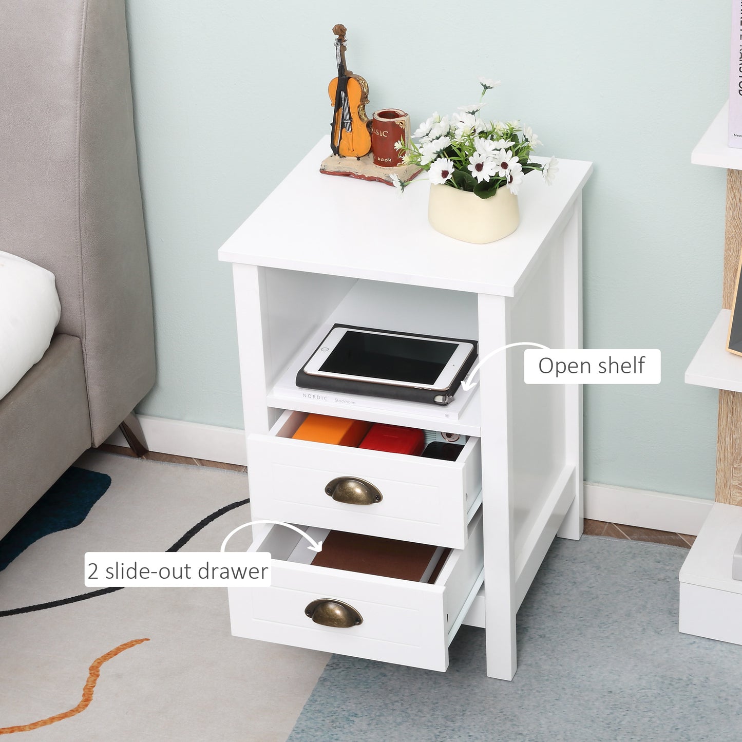 Modern End Table with 2 Drawers and Storage Shelf, Accent Sofa Side Table for Living Room, White