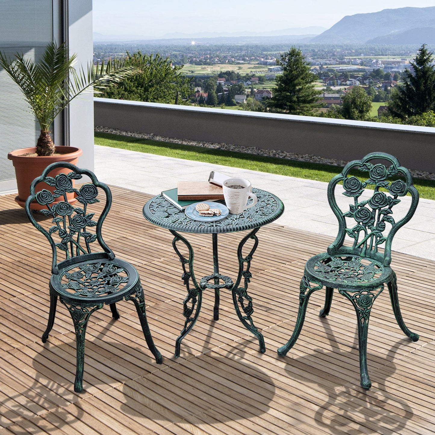 Outsunny 3 Pieces Antique Style Patio Bistro Table Chair Set Outdoor Garden Furniture Indoor Tea Table w/ Umbrella Hole and Chair Set, Antique Green