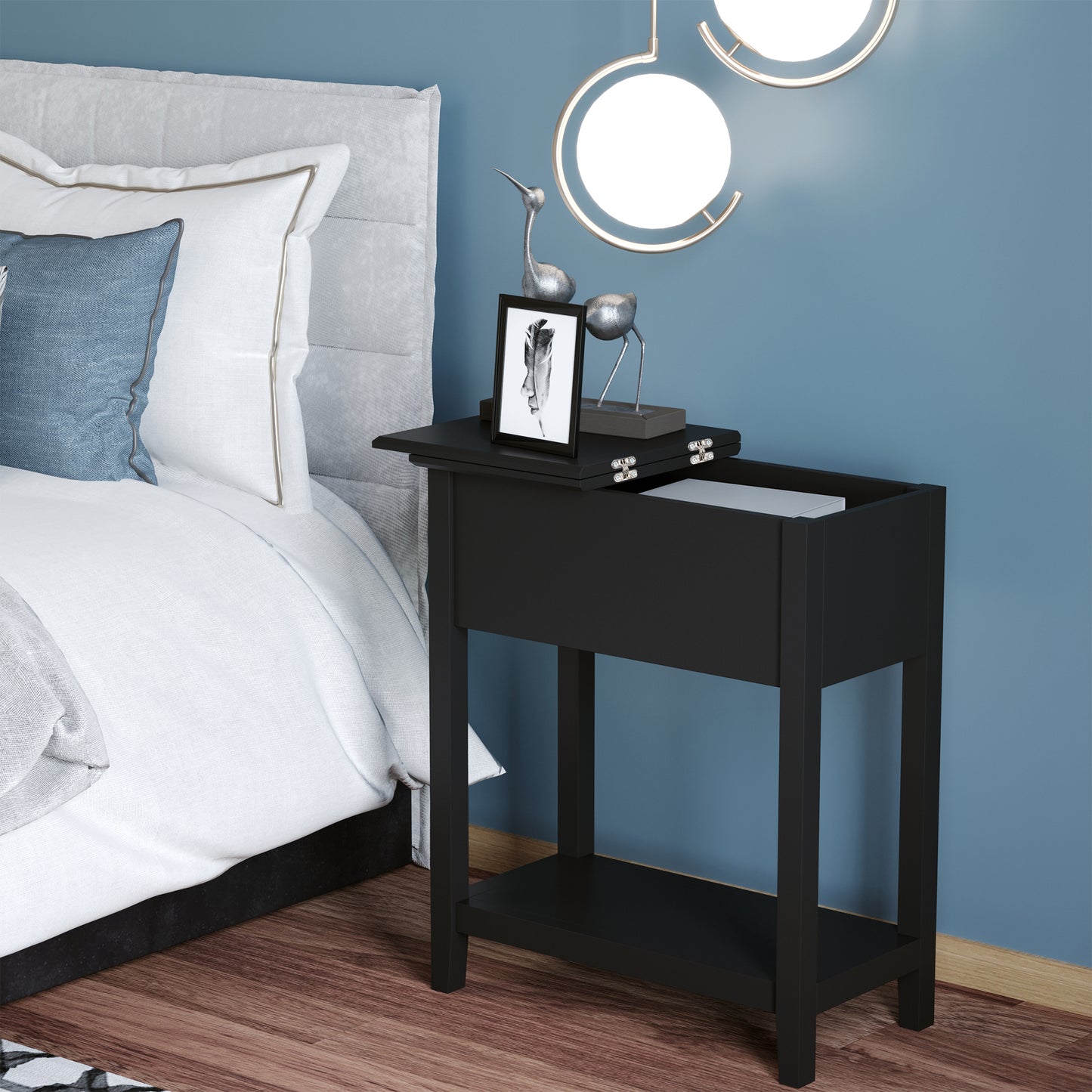 Flip Top End Table, Side Table with Storage Shelf and Cable Management, Narrow Nightstand for Living Room, Bedroom, Black