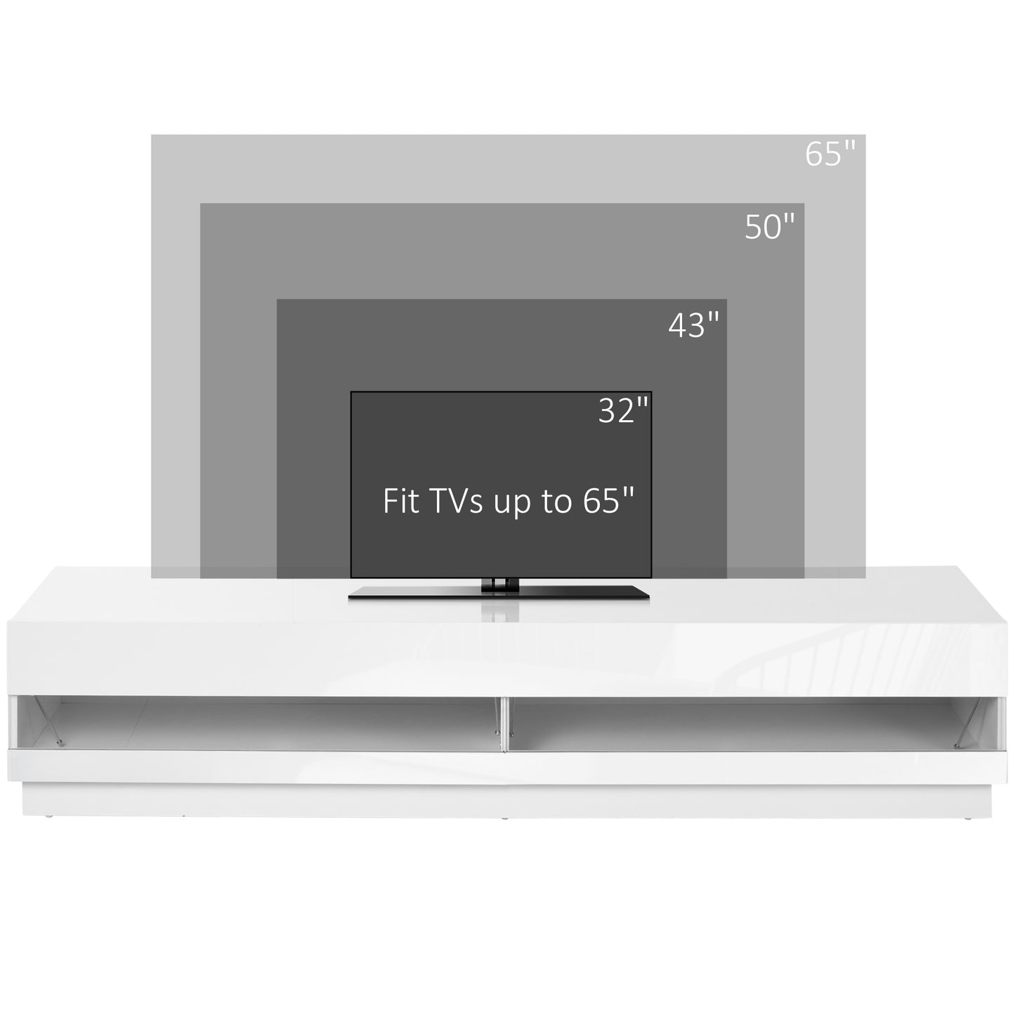 High Gloss TV Stand Cabinet for TVs up to 65", Entertainment Center with LED Light, Media Console with Storage, White