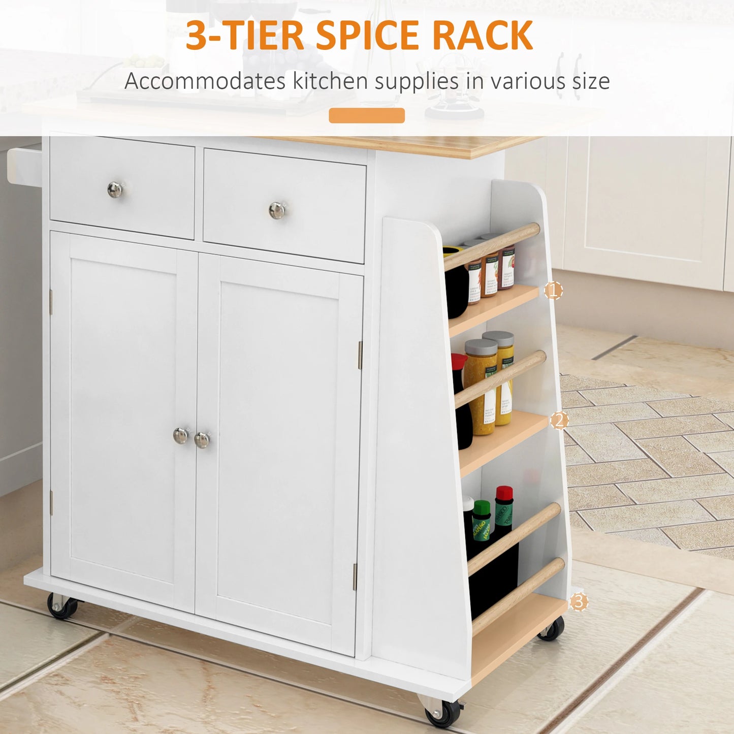 Rolling Kitchen Island Trolley Storage Cart with Rubber Wood Top, 3-Tier Spice Rack, Towel Rack Home Kitchen Carts