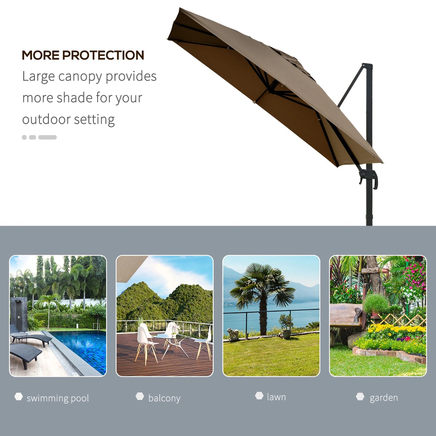 Outsunny 10x10ft Cantilever Umbrella Rotatable Square Top Market Parasol with 4 Adjustable Angle for Backyard Patio Outdoor Area Coffee