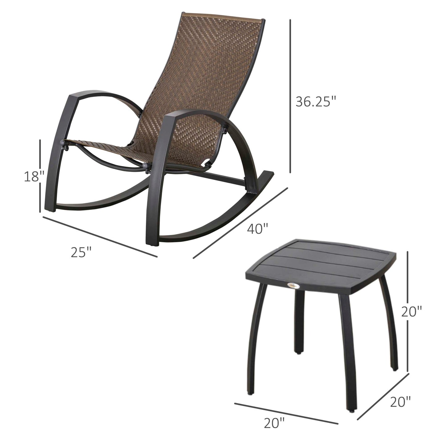 3 Pieces Patio Wicker Rocking Chair Set, Outdoor PE Rattan Bistro Rocker Set w/ Aluminum Frame, and Glass Top Coffee Table for Garden, Porch, Poolside, Brown