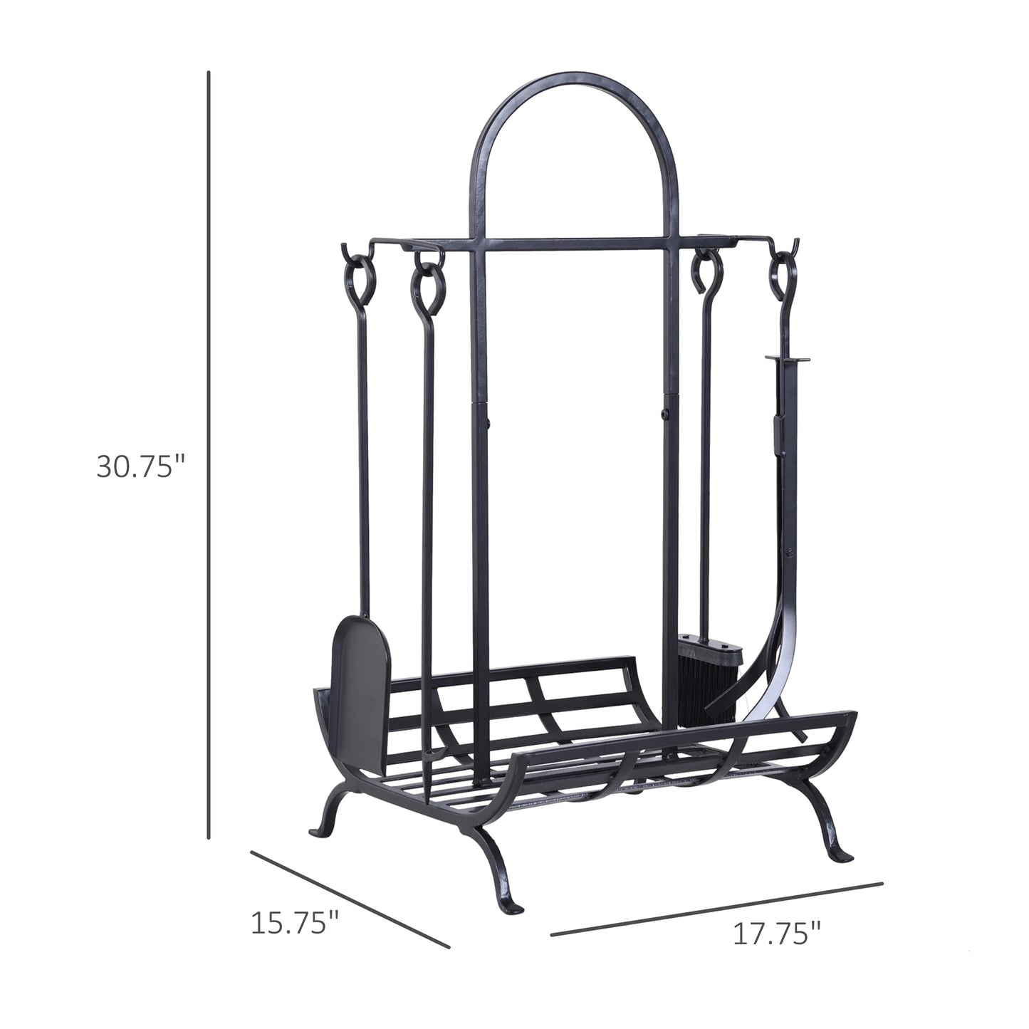 Indoor Outdoor Firewood Rack with 4 Tools, elevated base Steel Power Coated Construction Fire Wood Storage Stacking Set, Black