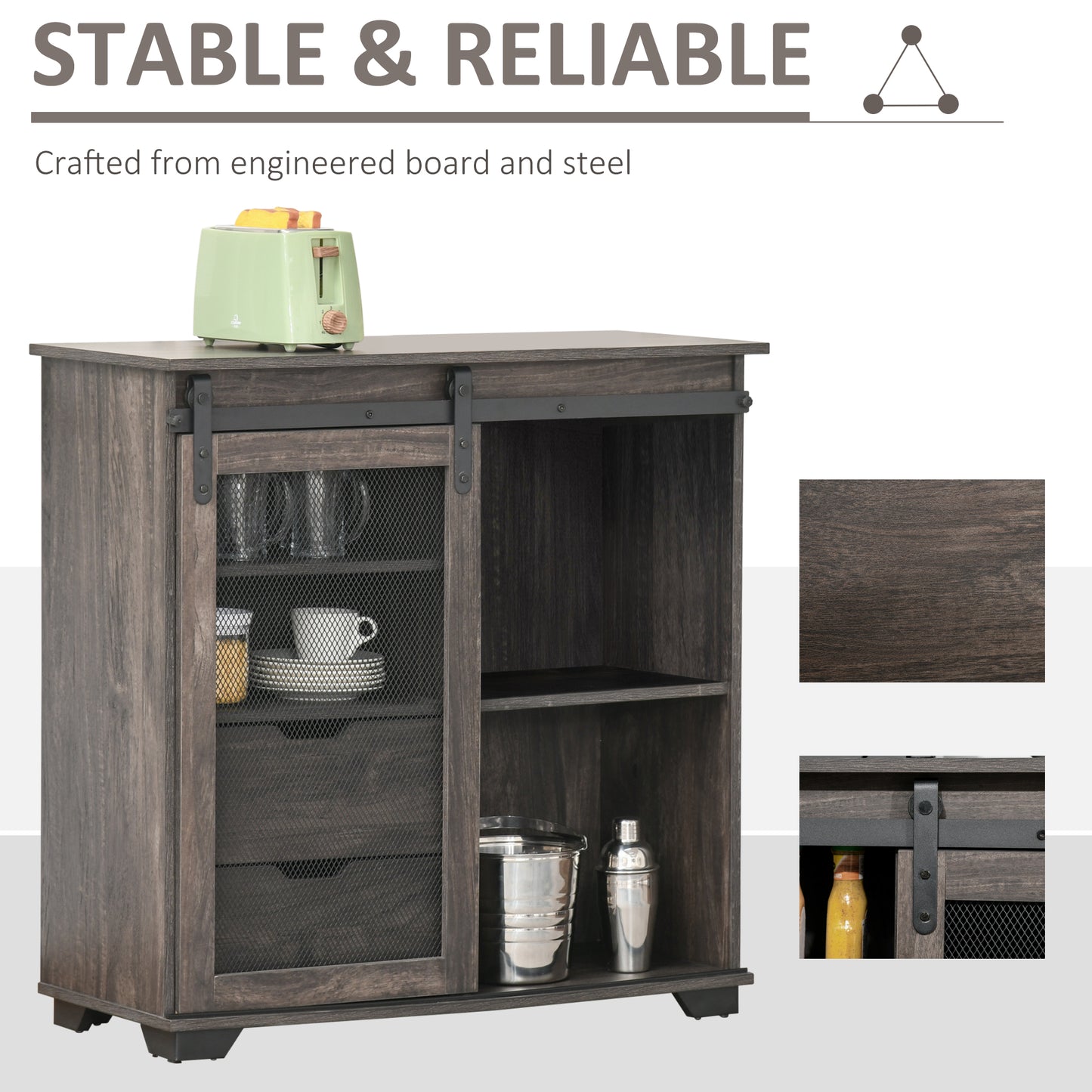 Industrial Freestanding Sideboard Buffet Sliding Door Storage Cabinet with 2 Drawers, 2 Shelves, 2 Door Cabinets, for Living Room, Dining Room, Kitchen, Bathroom, Entryway, Dark Brown and Black