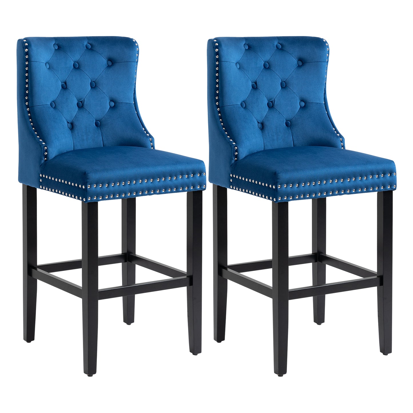 Upholstered Fabric Bar Stool Set of 2, Button Tufted 29.5" Seat Height Pub Chairs with Back & Wood Legs, Blue