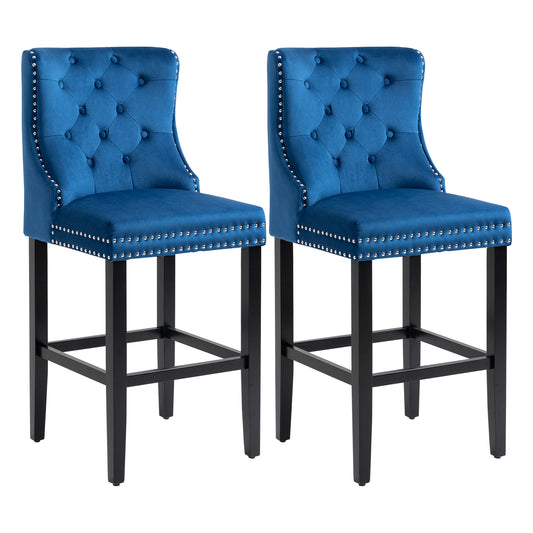 Upholstered Fabric Bar Stool Set of 2, Button Tufted 29.5" Seat Height Pub Chairs with Back & Wood Legs, Blue