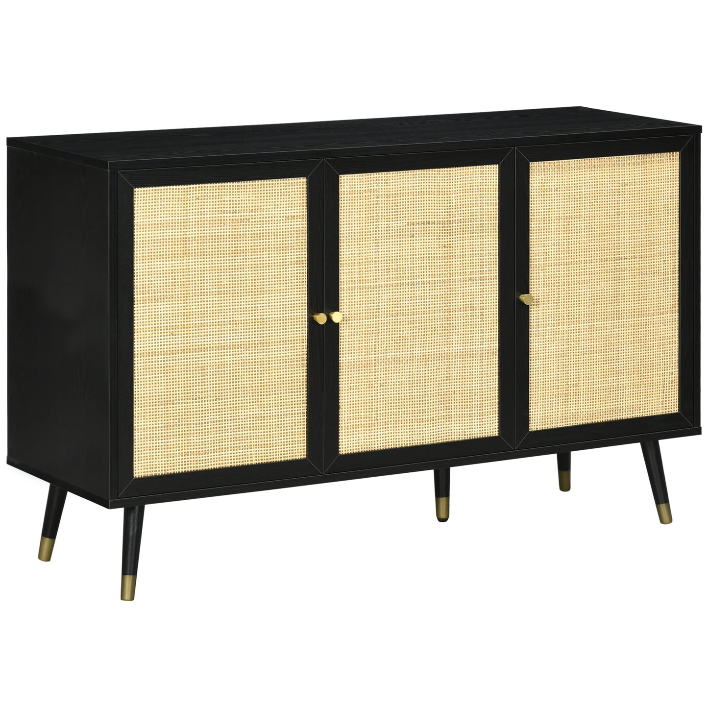 Natural Kitchen Sideboard, Rattan Door Buffet Cabinet with Storage Shelves and Wood Legs for Living Room, Study, Hallway, Black