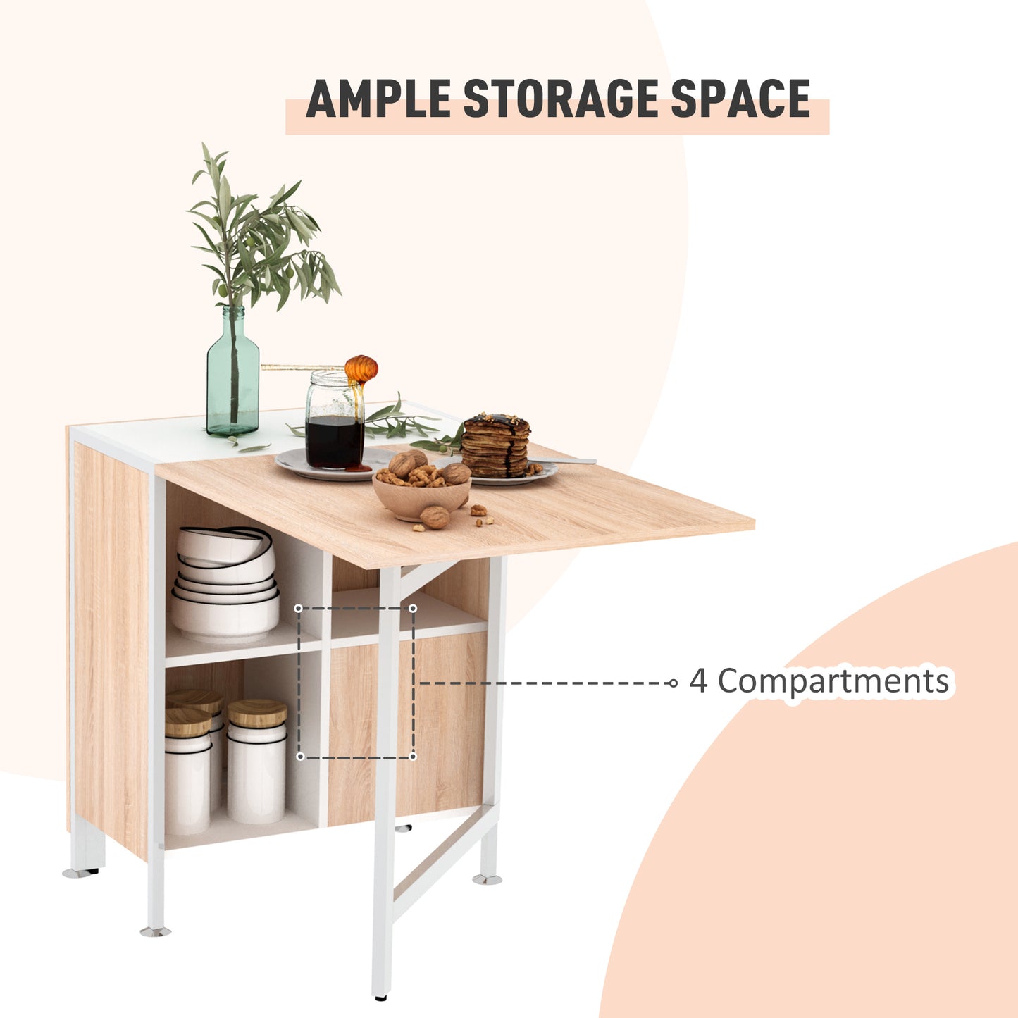 Multi-use Space Saving Folding Dining Table with Hideaway Shelves for Kitchen, Dining, Study and Office