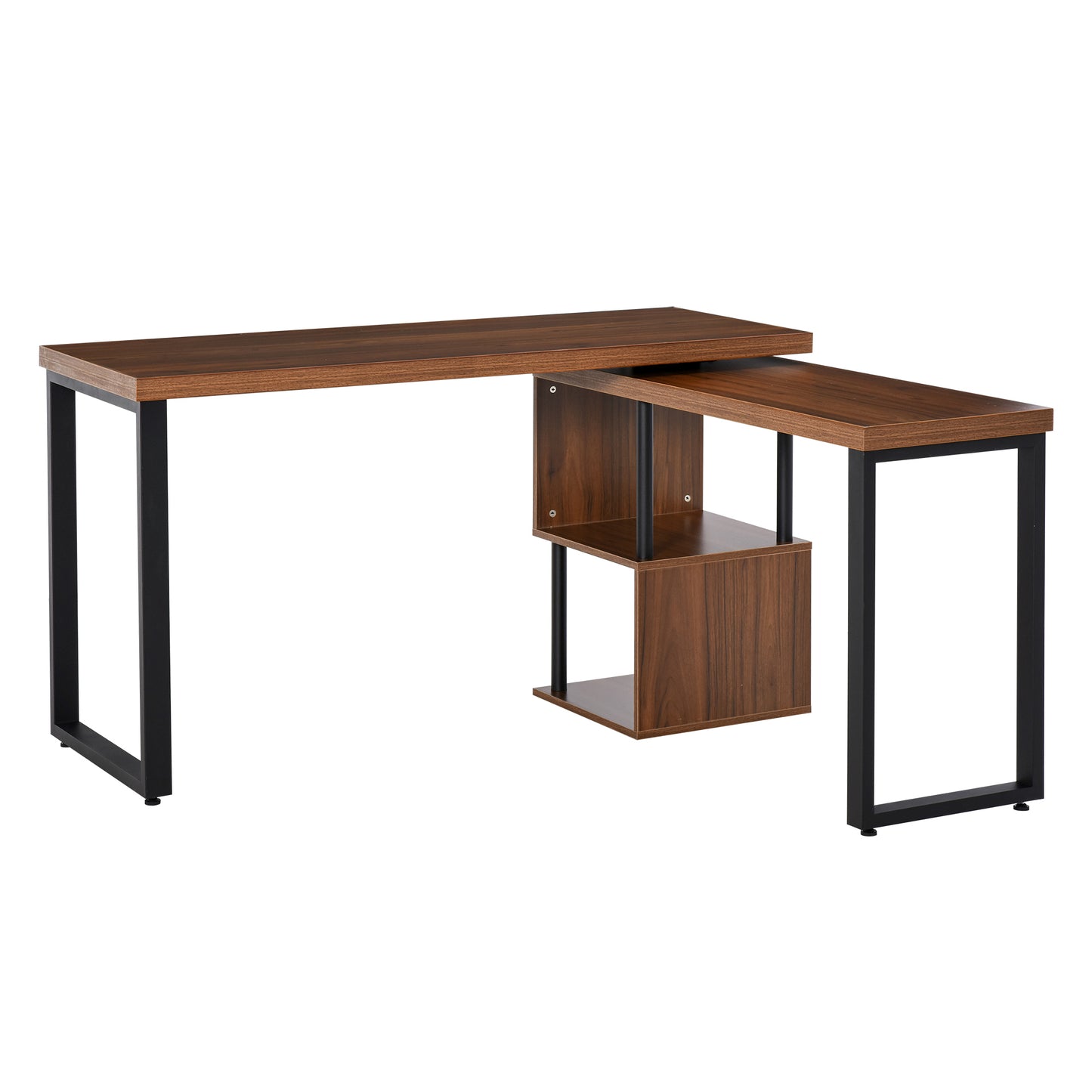 Corner Rotating L-Shaped Office Table Computer Desk with Storage Shelf Brown