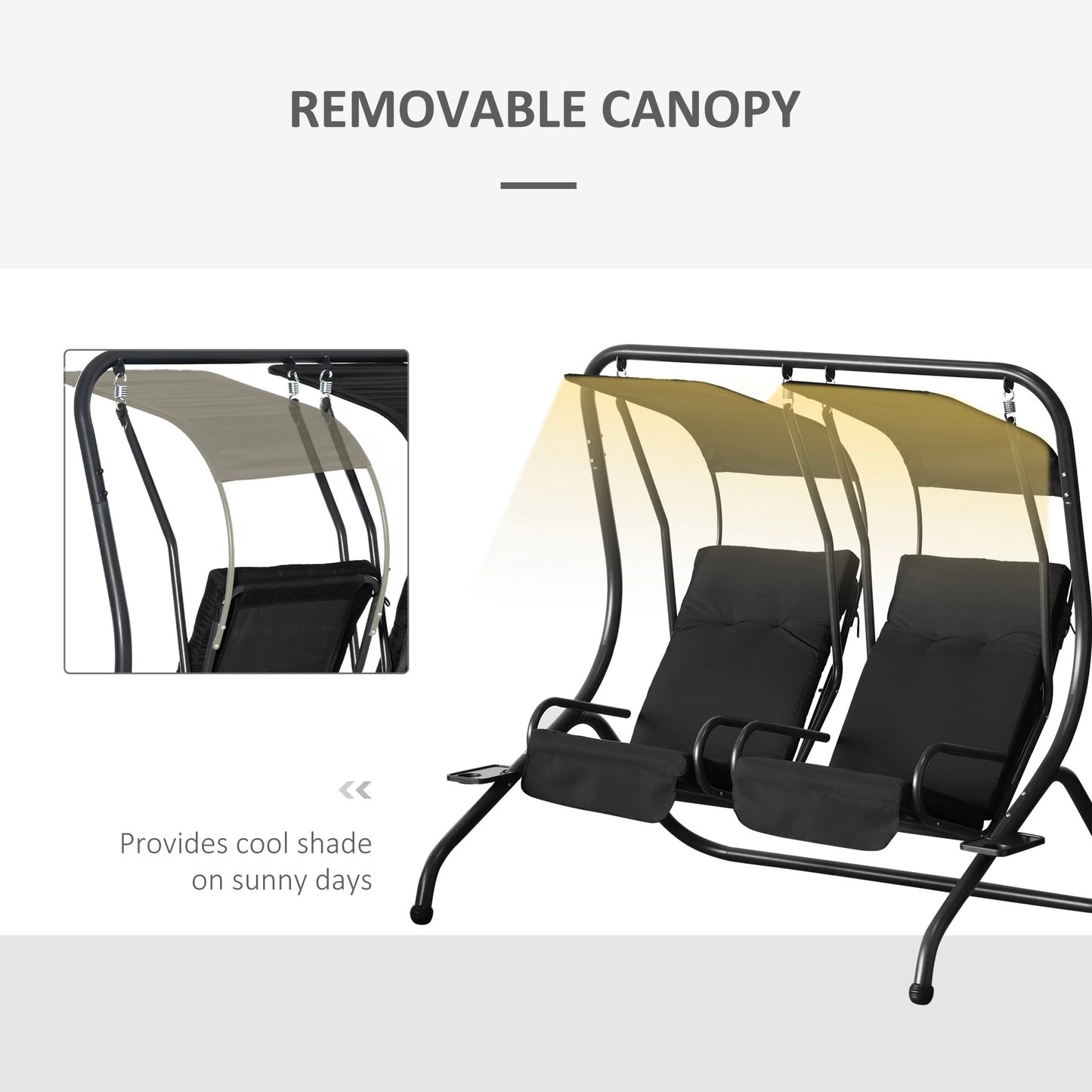 Outsunny 2 Seat Modern Outdoor Swing Chairs With Handrails and Removable Canopy - Black