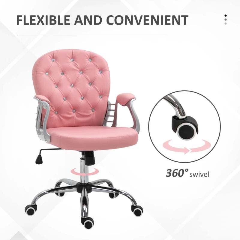 Vinsetto 360° Swivel Office Chair Vanity Style Tufted Backrest Task Chair with Height Adjustable, Armrests and Thick Padding, Pink