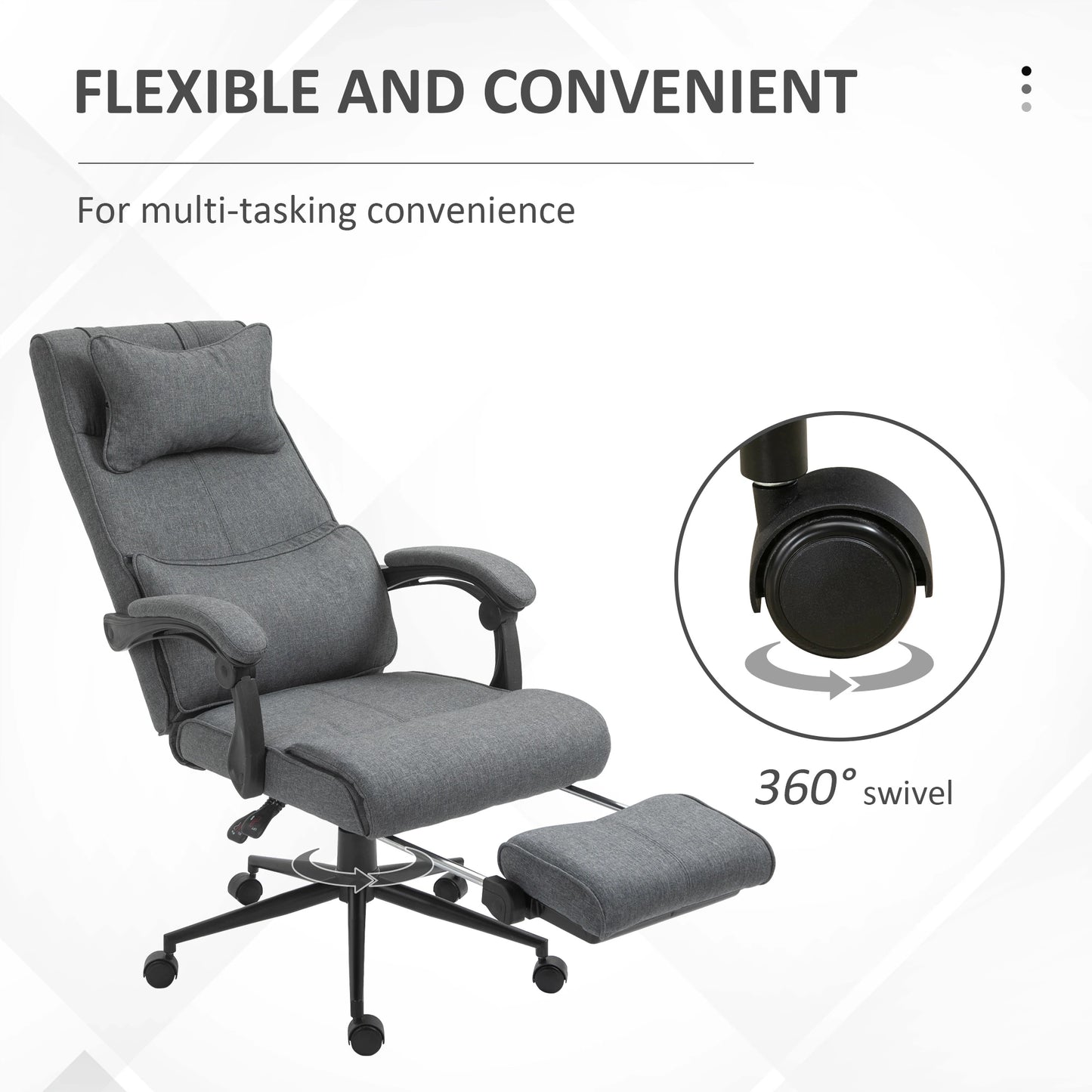 Ergonomic Executive Office Chair High Back Computer Desk Chair Linen Fabric 360° Swivel Adjustable Recliner Chair with Headrest, Lumbar Support, Padded Armrest and Retractable Footrest, Grey