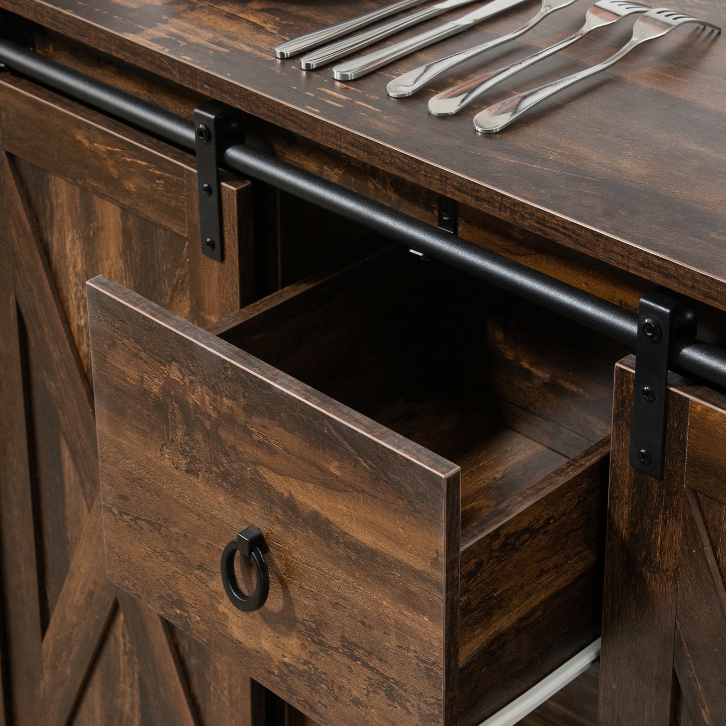 Industrial Buffet Cabinet, Kitchen Sideboard with Sliding Barn Doors, Three Drawers and Adjustable Shelves for Living Room, Dining Room, Rustic Brown