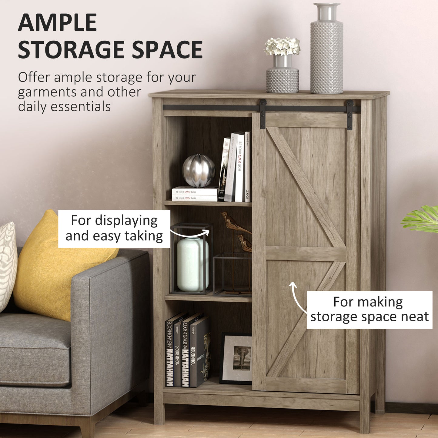 Accent Cabinet, Kictchen Cupboard Storage Cabinet, 3-Tier Organizer with Barn Door and Adjustable Shelf, Antique Grey