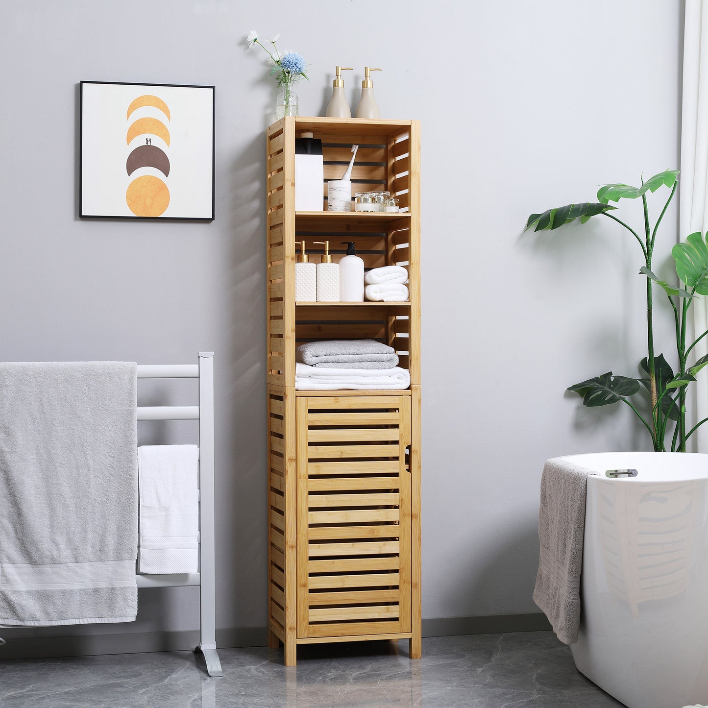 Tall Bathroom Cabinet with 3 Open Shelves, Slim Bamboo Linen Tower Freestanding Linen Towel with Slatted Door, Natural