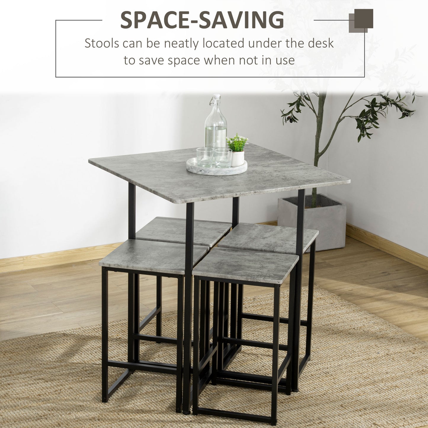 Square Bar Table with Stools, Concrete Effect 5 Pieces Small Kitchen Table and Chairs Set for 4 People, Pub Table Set, Grey