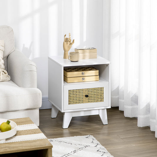 Bedside Table with Rattan Element, Side End Table with Drawer and Shelf, 17.7"x15.4"x22.2", White