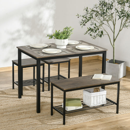 Dining Table Set, Kitchen Table and Chairs for 4, Dinner Table with Bench Set with Metal Frame & Storage Shelf, 4 Piece Dinette Set