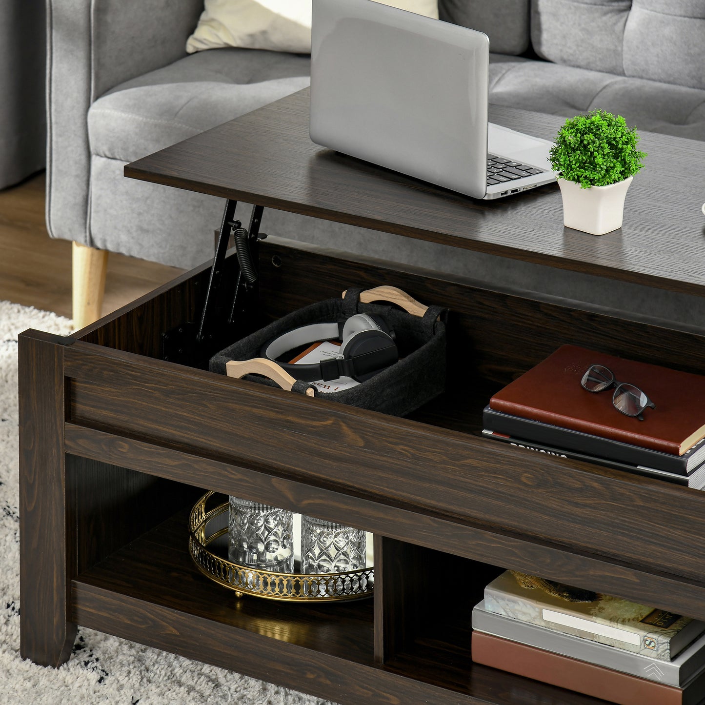 Lift Top Coffee Table with Hidden Storage Compartment and Open Shelves, Lift Tabletop Pop-Up Center Table for Living Room, Dark Walnut