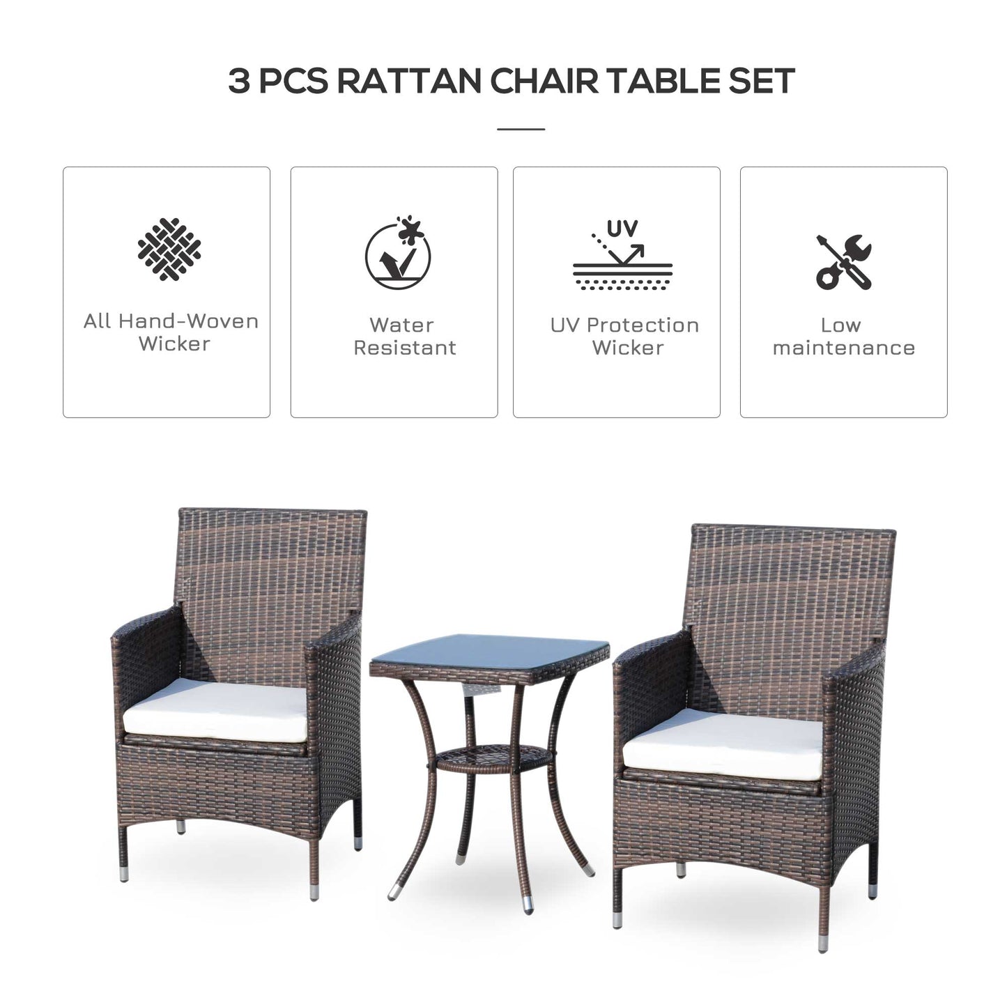 Outsunny 3 Pieces Patio Bistro Set, Outdoor PE Rattan Porch Furniture with Two Armchairs, Glass Top Coffee Table, Coffee