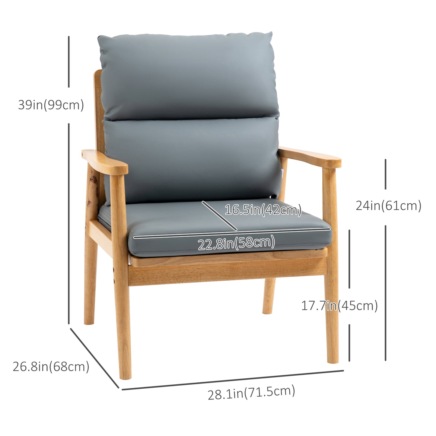 Armchair with Removable Seat and Back Cushion for Bedroom Living Room Chair with Faux Leather and Wood Legs Grey