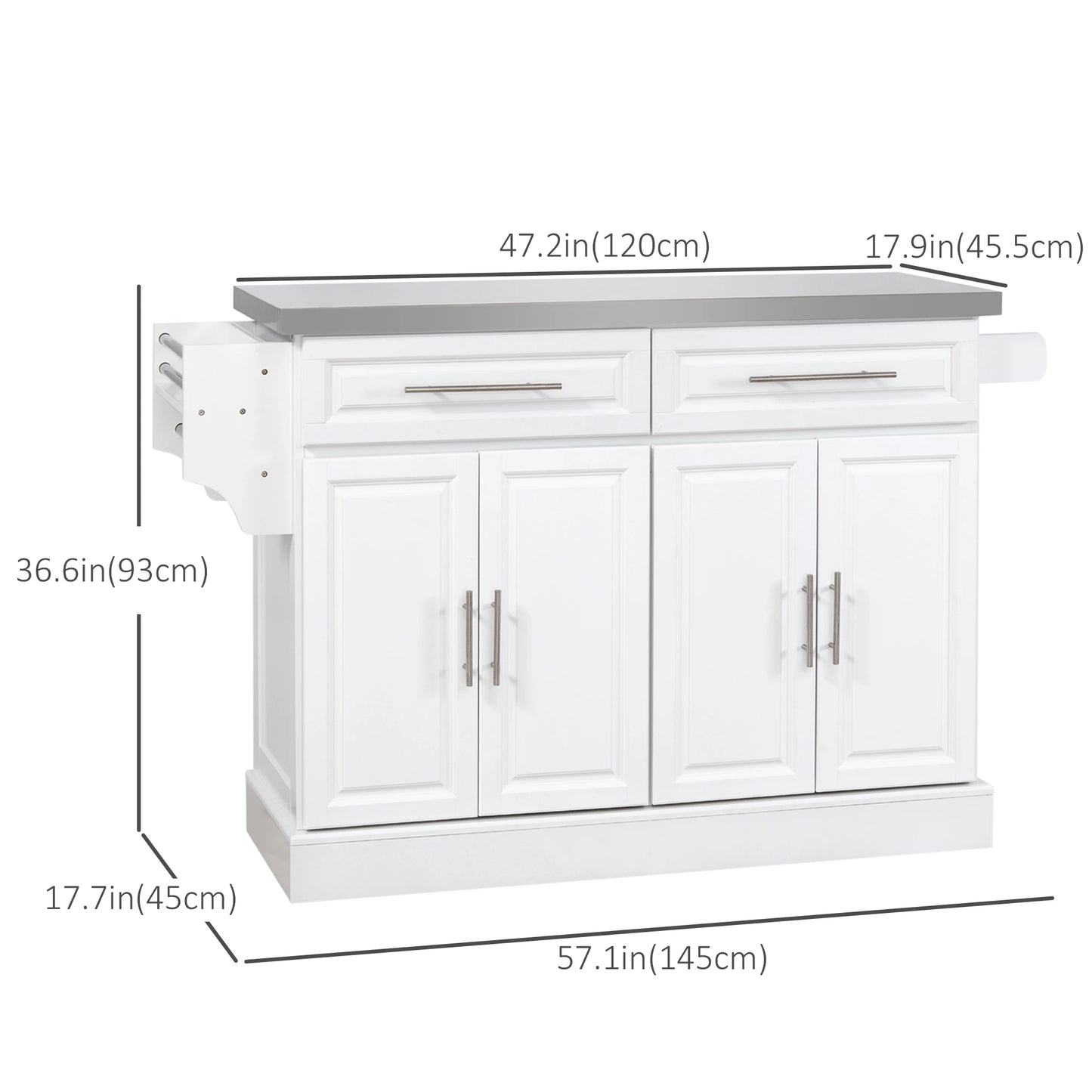 Rolling Kitchen Island with Storage, Portable Kitchen Cart with Stainless Steel Top, 2 Drawers, Spice, Knife and Towel Rack and Cabinets, White