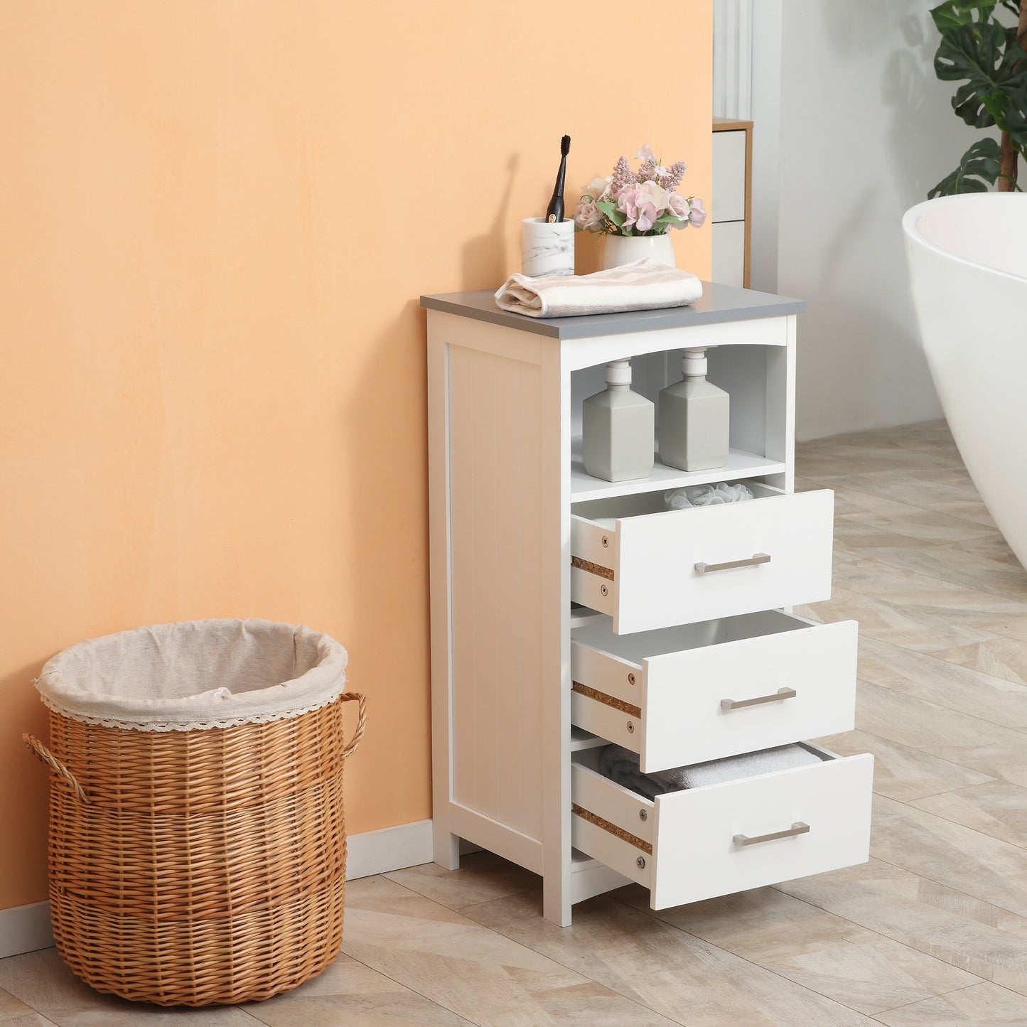 Modern Bathroom Floor Cabinet, Free Standing Linen Cabinet, Storage Cupboard with Shelf, 3 Drawers, White