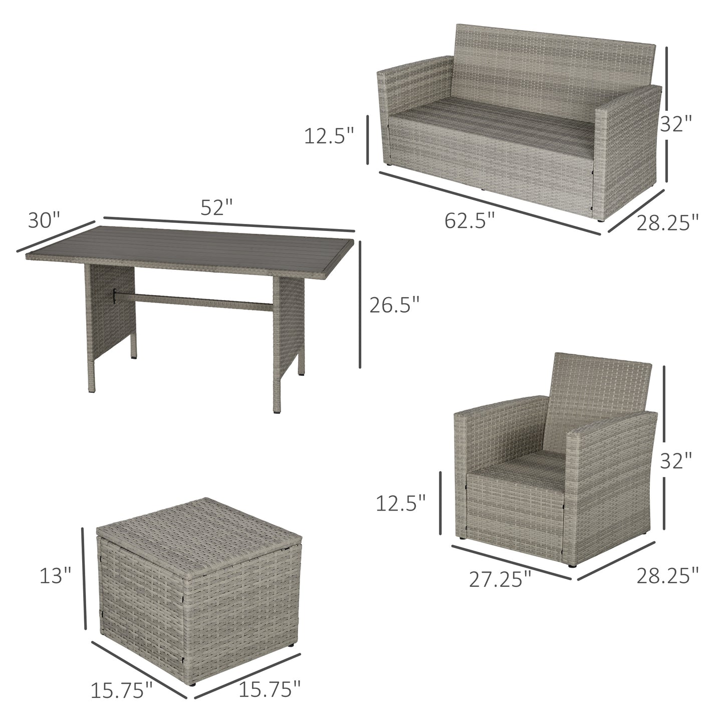 Outsunny 6 PCS Outdoor Patio Dining Table Sets All Weather PE Rattan Sofa Chair Furniture set Indoor Outdoor Backyard Garden with Cushions & Plastic Wood Table Top Grey