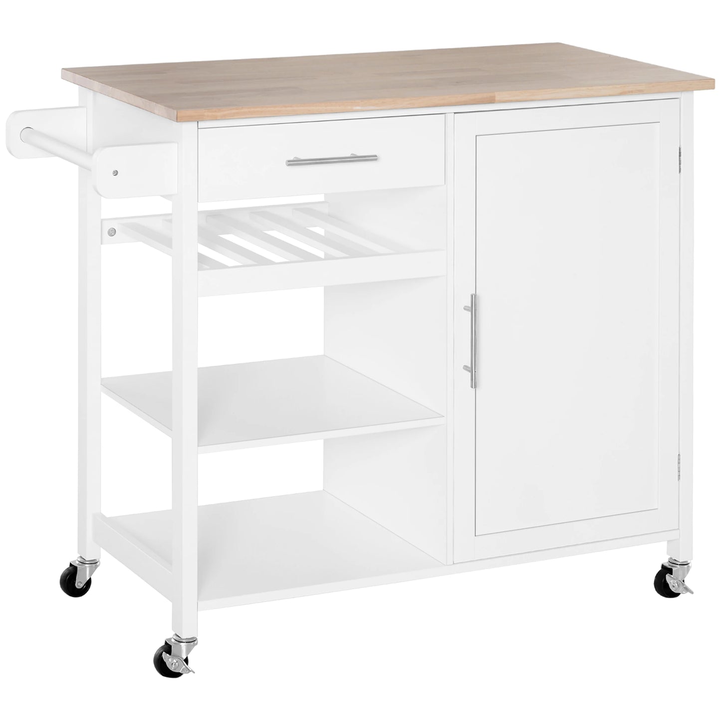 4-Tier Rolling Kitchen Island Utility Trolley Serving Cart Kitchen Storage Cart w/ Towel Rack, Butcher Block Countertop, Cabinet, Drawer, Shelves, White
13