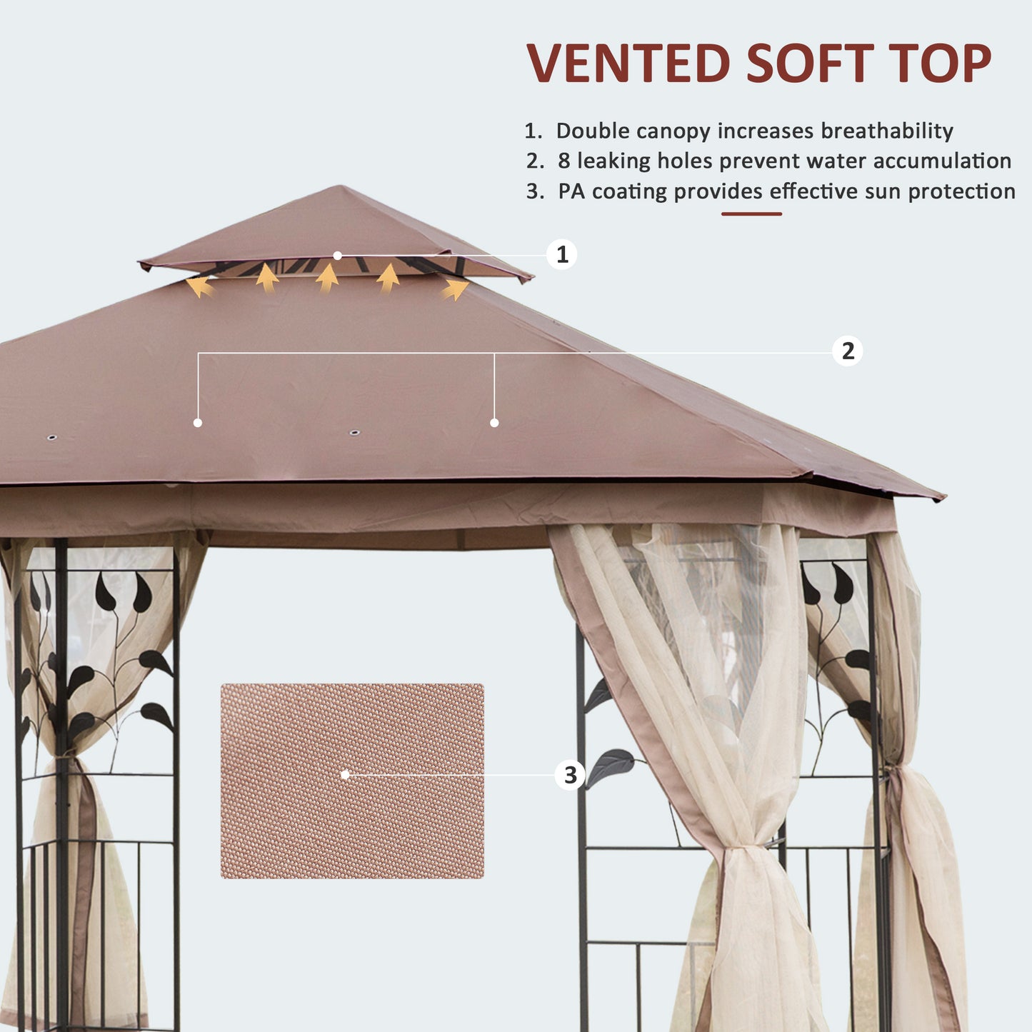 10' x 10' Patio Gazebo, Outdoor Gazebo Canopy with 2-Tier Polyester Roof and Mosquito Netting for Patio, Garden, Lawn , Brown