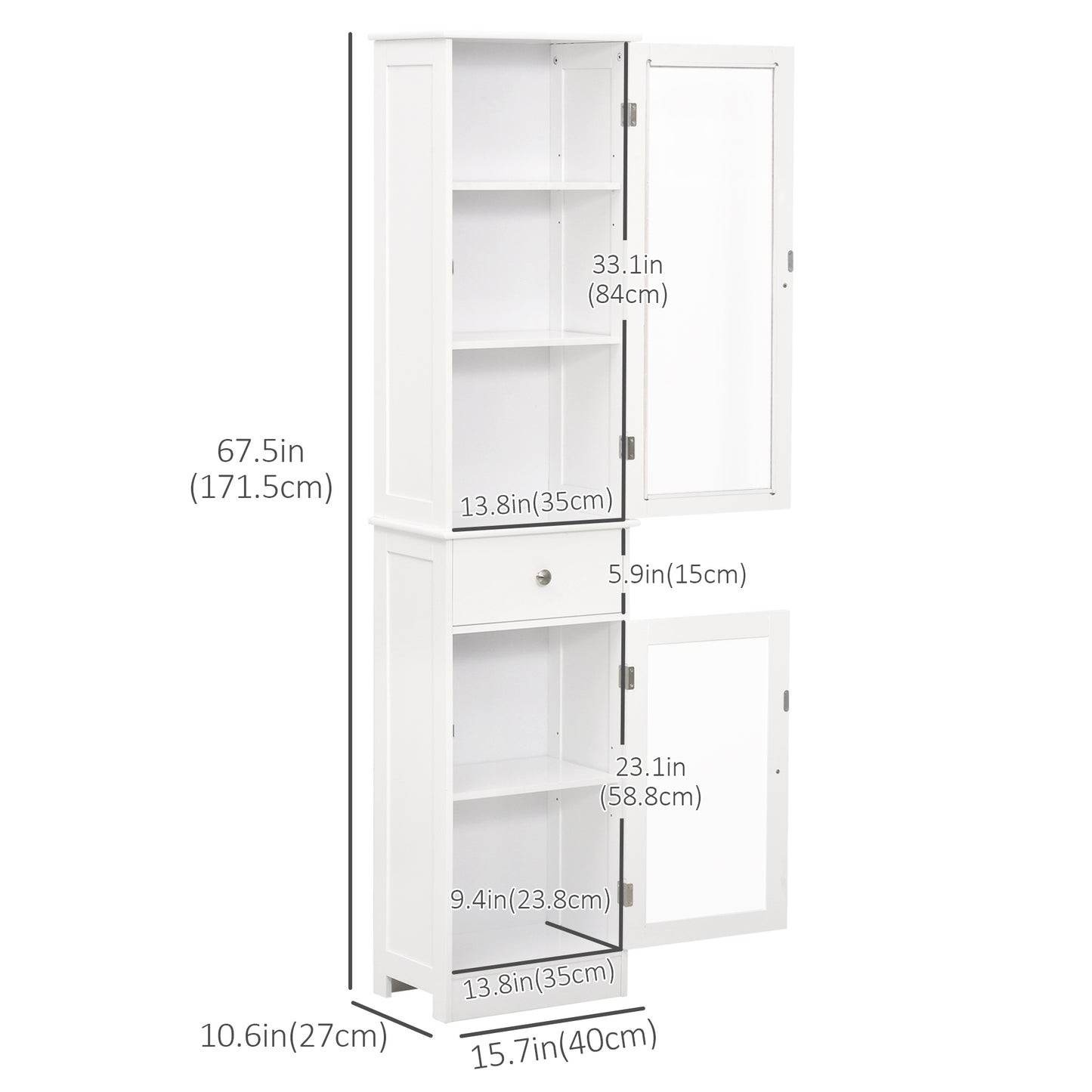 kleankin Bathroom Storage Cabinet with 3-tier Shelf Drawer Glass Door, Floor Cabinet Free Standing Linen Tower Tall Slim Side Organizer Shelves, White