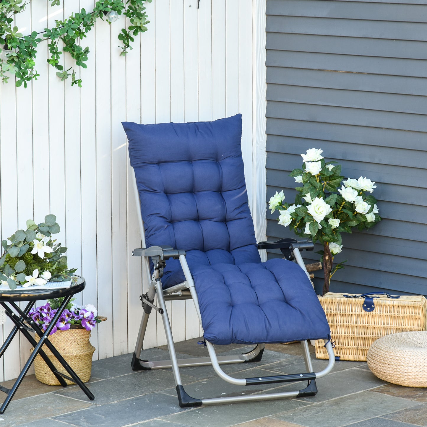 Outsunny Reclining Zero Gravity Chair Folding Garden Sun Lounger with Cushion Headrest Blue