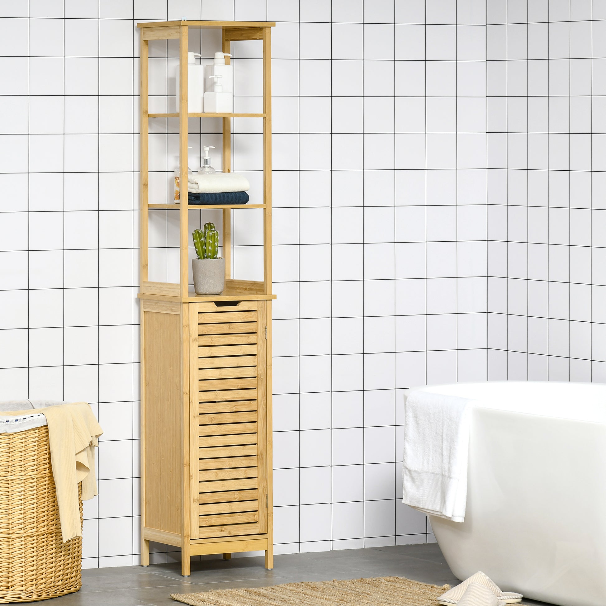 kleankin Tall Bathroom Storage Cabinet, Free Standing Bathroom Cabinet Slim  Side Organizer with 3 Shelves and Bamboo Cabinet, White/Natural