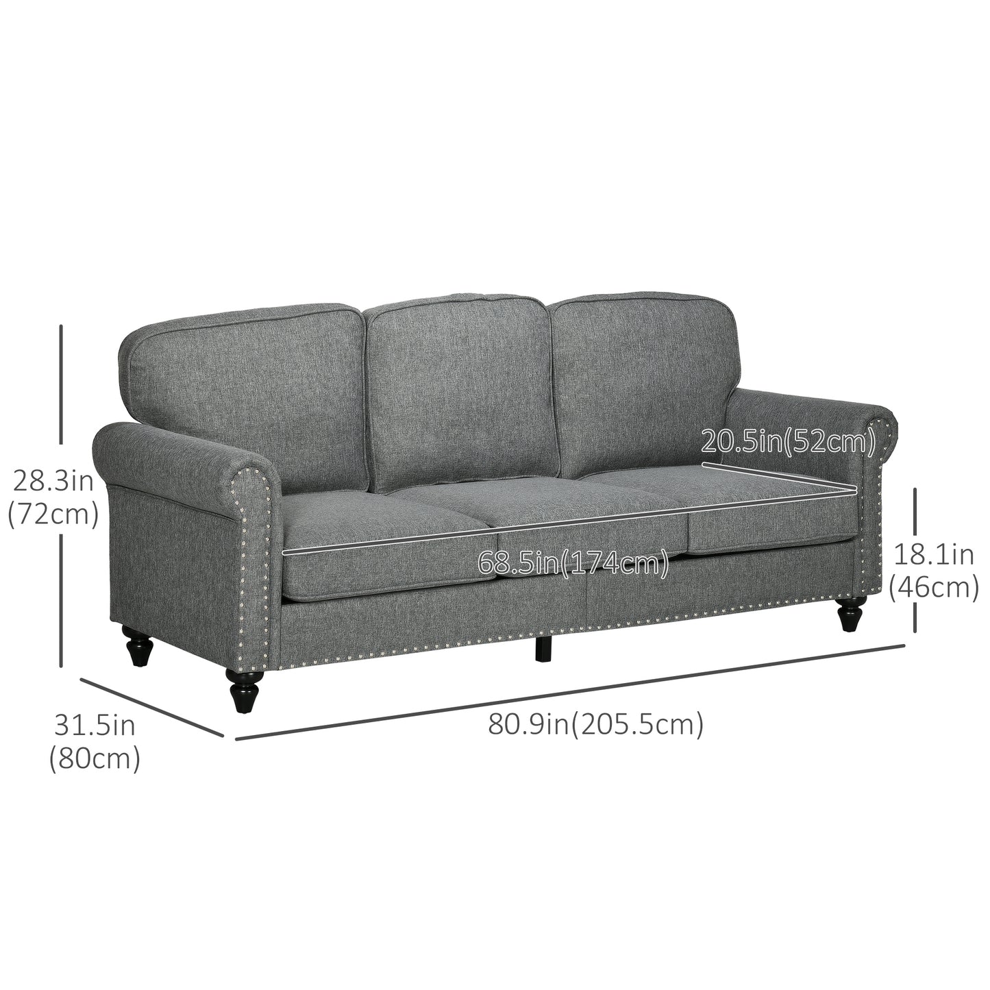 -Seater Sofa Couch, 81" Modern Linen Fabric Sofa with Rubberwood Legs, Studded Trim and Rolled Arms for Living Room, Bedroom and Apartment, Grey