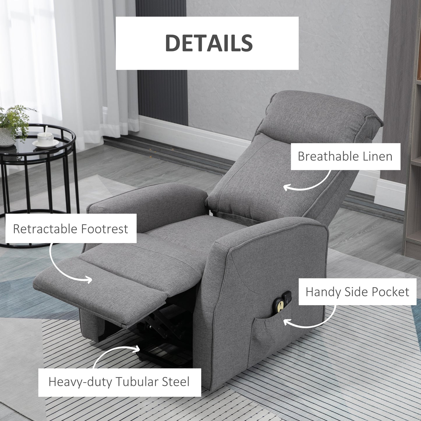 Power Lift Massage Recliner Chair for Elderly, Electric Linen Fabric Reclining Chair with 8 Vibration Points, Remote Control, Side Pockets, Dark Grey