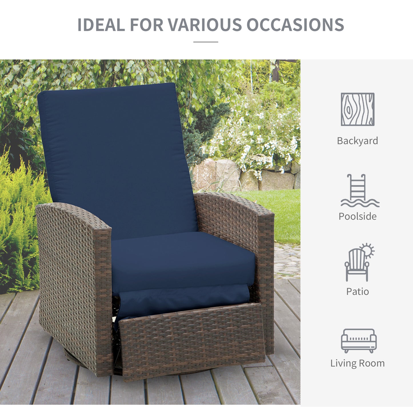 Rattan Recliner Sofa with 360° Swivel, Outdoor Wicker Lounge Chair with Footrest & Soft Cushion for Patio, Garden, Backyard, Dark Blue and Brown