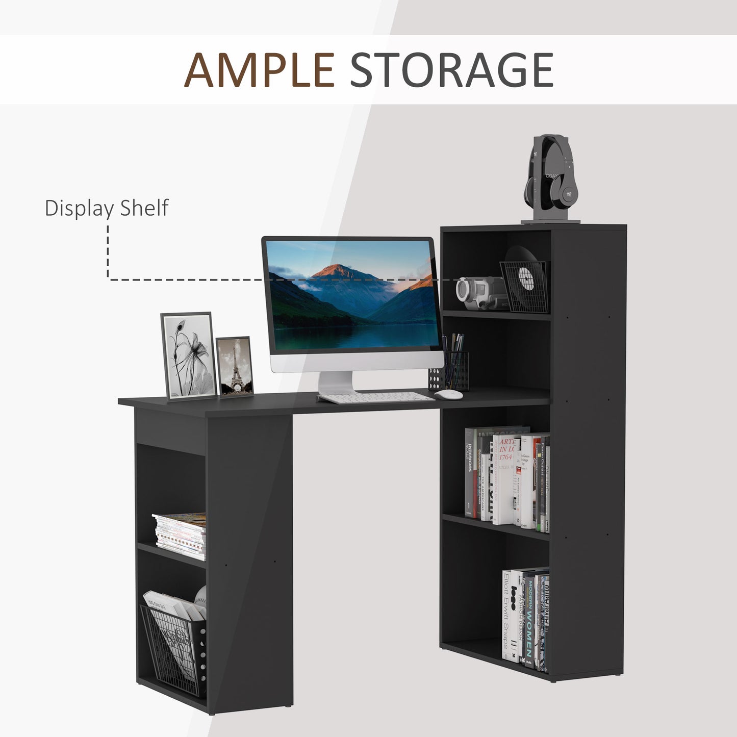 Modern Compact Computer Desk with 6-Tier Storage Shelves Combo, Writing Table Workstation with Bookshelf for Home Office, Black