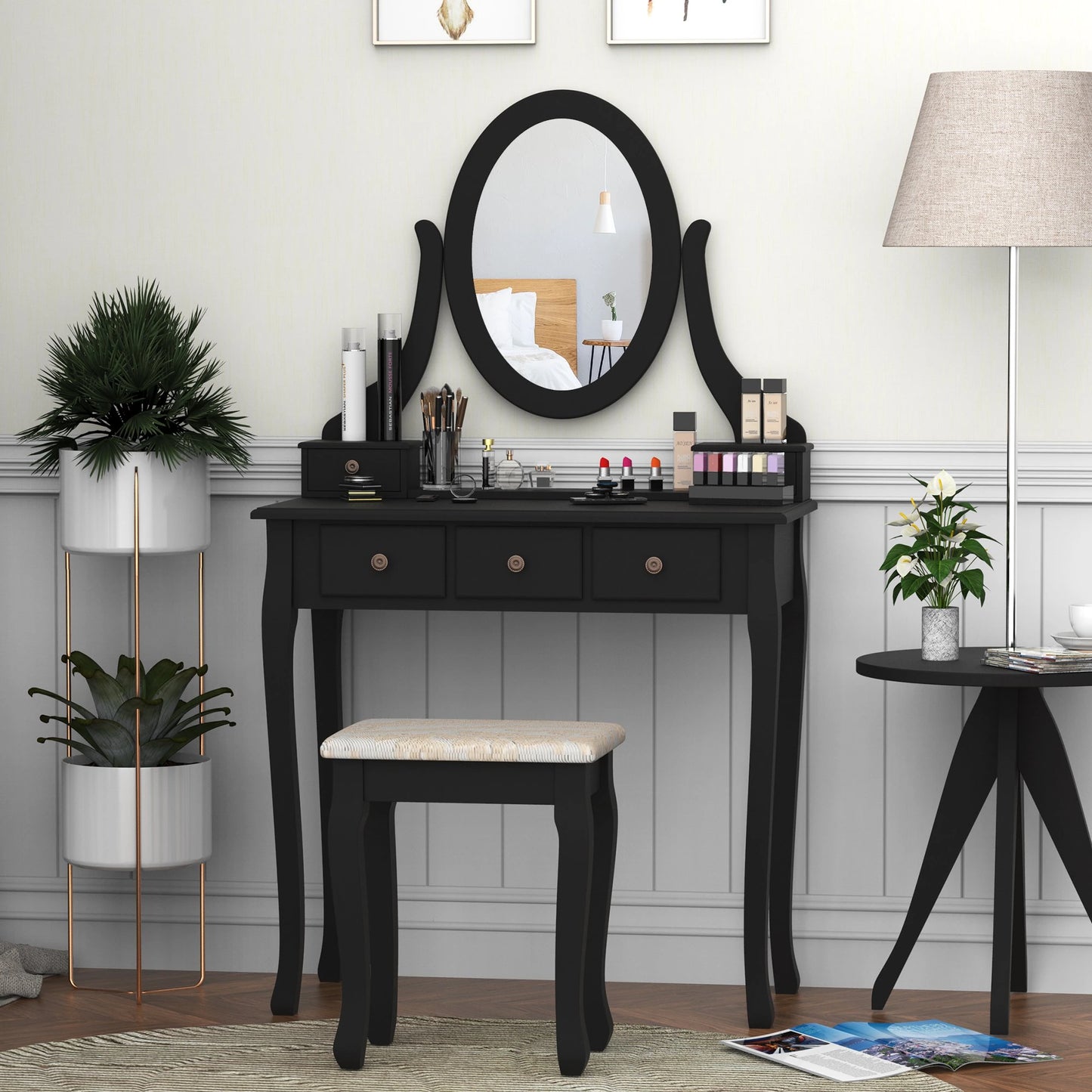 Wooden Vanity Table Set, Makeup Dressing Table with 360° Rotating, 5 Drawers and Padded Stool, Black