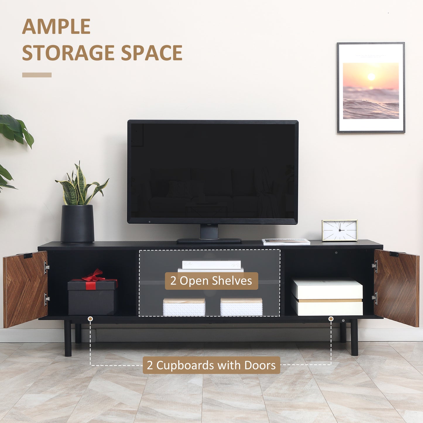 Modern TV Stand with Storage for TVs up to 50", Media Console with 2 Cupboards and Open Shelves, TV Unit for Bedroom, Living Room, Black